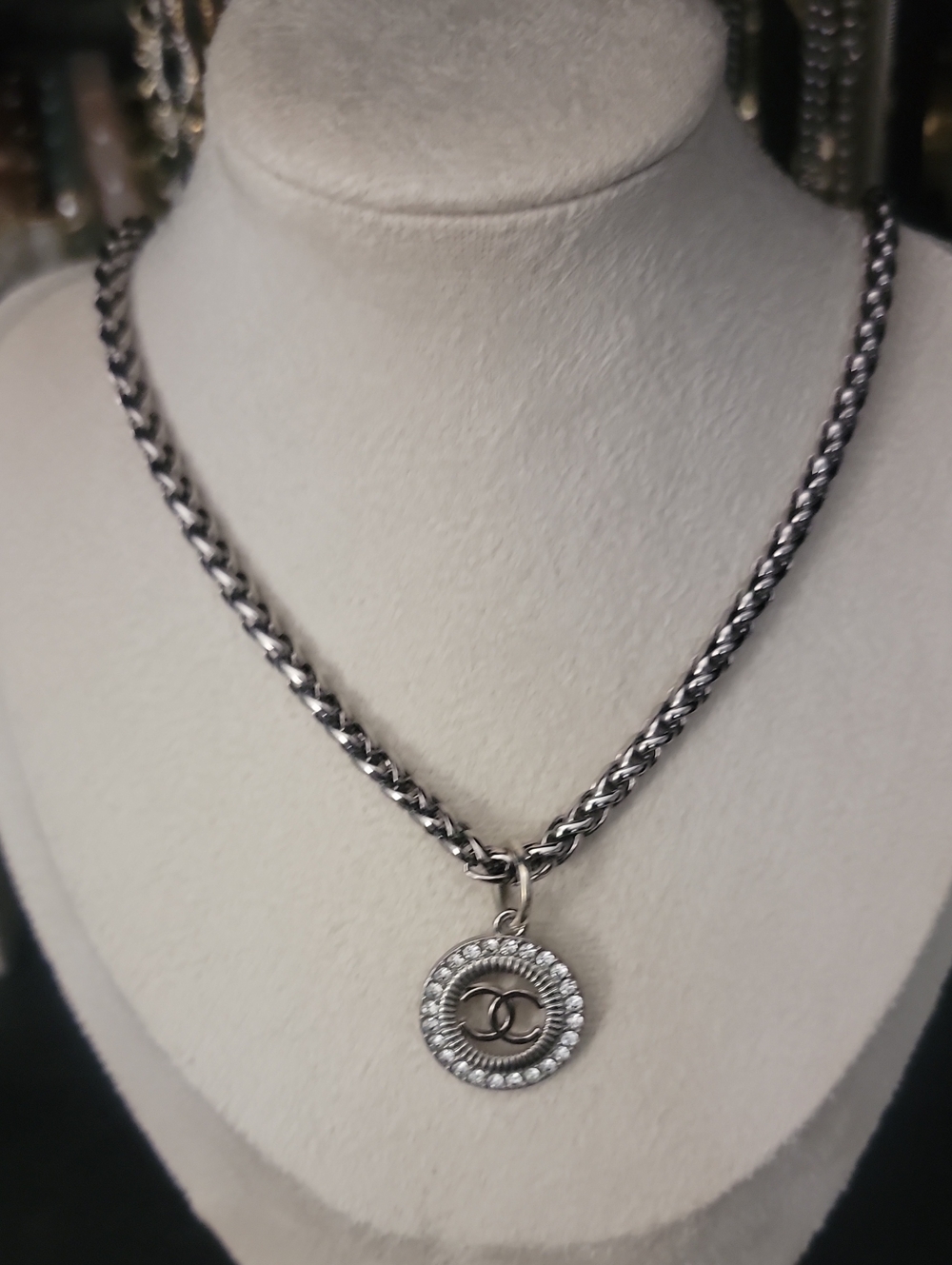 CC Silver-Tone Crystal Logo Medallion Necklace
